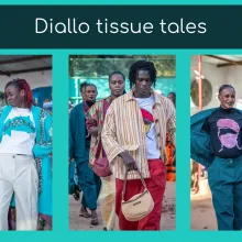 Drei Fotos von Modellen, die farbenfrohe und schillernde Mode von Diallo tissue tales aus Berlin tragen, ein Ensemble aus türkisfarbenem, paillettenbesetzten Mantel mit einem T-Shitr mit einer applizierten Karte von Burkina Faso. Auf dem mittleren Bild ist die gesamte Kollektion mit Models zu sehen, die hintereinander auf dem Laufsteg stehen. Auf dem Foto rechts trägt das Model ein Ensemble aus Blouson und weiter Hose in dunkelgrün und ein schwarzes T-Shirt mit dem sitlisierten Kopf von Ibrahim Traoré