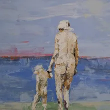 Malerei in Spachteltechnik, alte Frau und Kind von hinten zu sehen, gehen Hand in Hand zum Meer