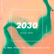 Logo des Ausstellungsortes, mit dem Namen "2030 | Galerie . Concept Store . Denkraum . Creative Lab", Darstellung der Zahl 2030 in unterschiedlichen Sprachen und Schriftsystemen