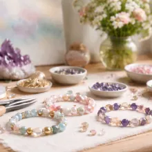 Nahaufnahme eines Armband-Arbeitsplatzes: drei selbsthergestellte Mineralienarmbänder auf hellem Leinenstoff, Perlen und Werkzeug verstreut, im Hintergrund ein Strauß Blumen und eine Leinwand in Pastellfarben.