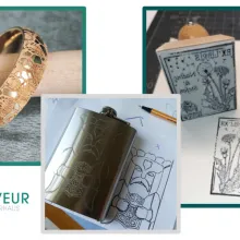 Goldring mit Spitzenmuster, Flachmann mit gelaserter Zeichnung und Ex libris Stempel inklusive Abdruck