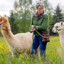 Frau Blumrich steht mit 2 Alpakas am Führzügel in einer Wiese. Im Hintergrund sieht man Bäume.