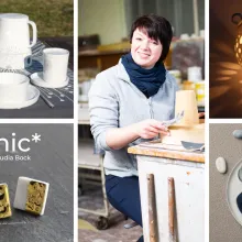 Designerin Claudia Bock und eine Auswahl ihrer Porzellanunikate