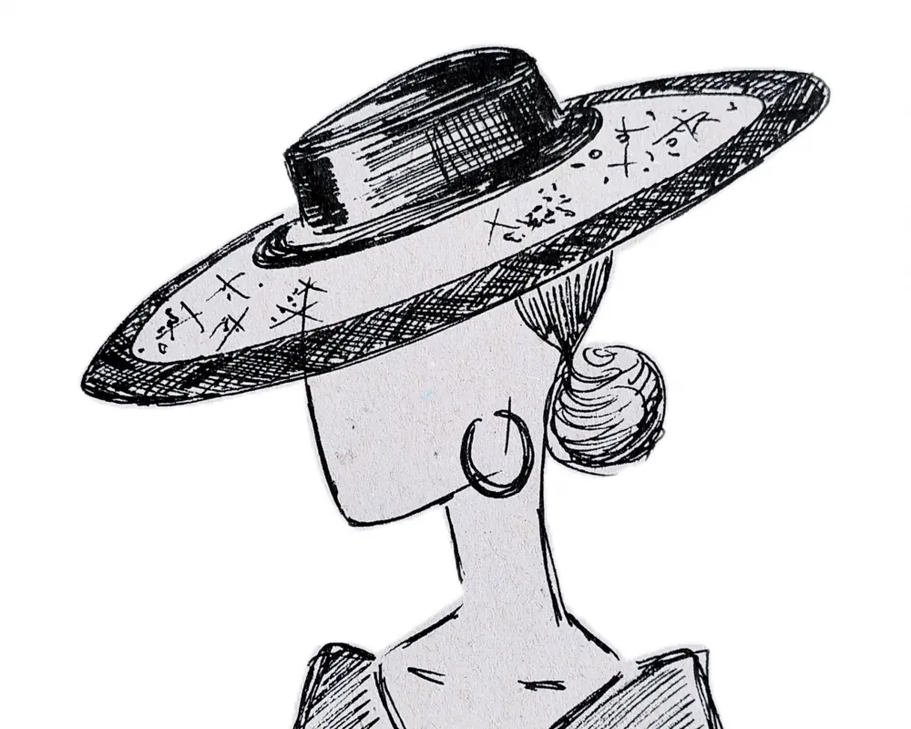 Modeskizze für einen schwarzen breitkrempigen Damenhut