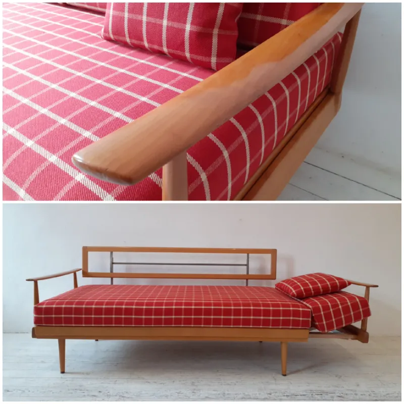Daybed, rot/bege kariert, Knoll Antimot, 50er Jahre