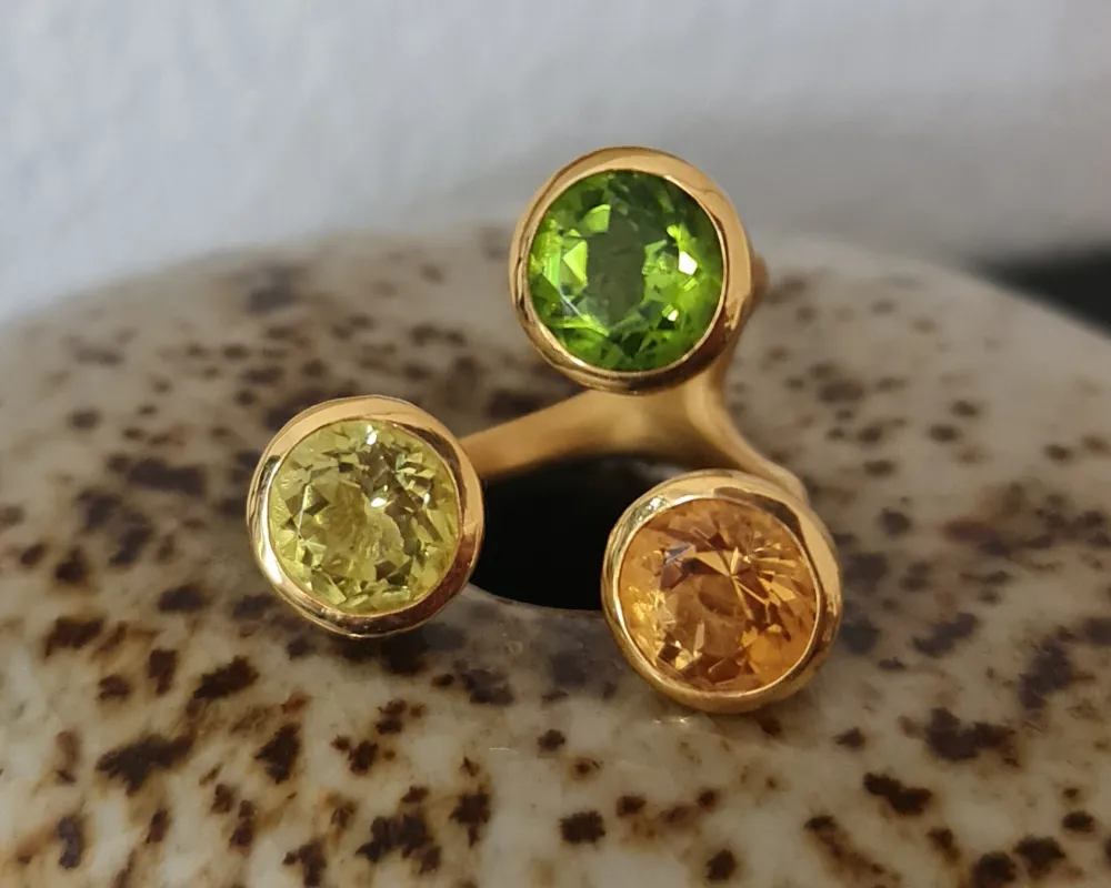 3-er Ring in Silber, 24 kt feingoldplattiert mit Peridot, Lemoncitrin und Citrin