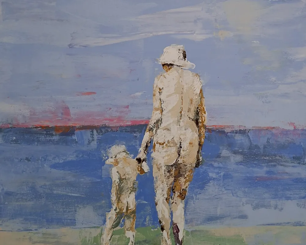 Malerei in Spachteltechnik, alte Frau und Kind von hinten zu sehen, gehen Hand in Hand zum Meer