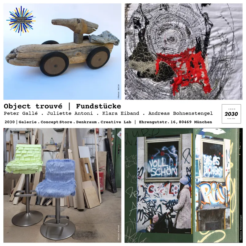 Object trouvé | Fundstücke - Anlässlich der Europäischen Tage des Kunsthandwerk präsentieren wir Skulpturen, Objekten, Schmuck & Fotografie von ausgewählten Künstlern. Object trouvé | Fundstücke - Anlässlich der Europäischen Tage des Kunsthandwerk präsentieren wir Skulpturen, Objekten, Schmuck & Fotografie von ausgewählten Künstlern; zu sehen sind 4 repräsentative Bilder der 4 Künstler – eine Skulptur aus Schwemmholz und Fundstücken von Peter Gallé, eine Assemblage aus Stoff und Fundstücken von Juliette Antoni, 2 Hochstühle von Klara Eiband, im Post-it Look und mit Kunstfell überzogen, eine Fotografie von GrafittiArt wild plakatiert, vom Fotokünstler Andreas Bohnenstengel