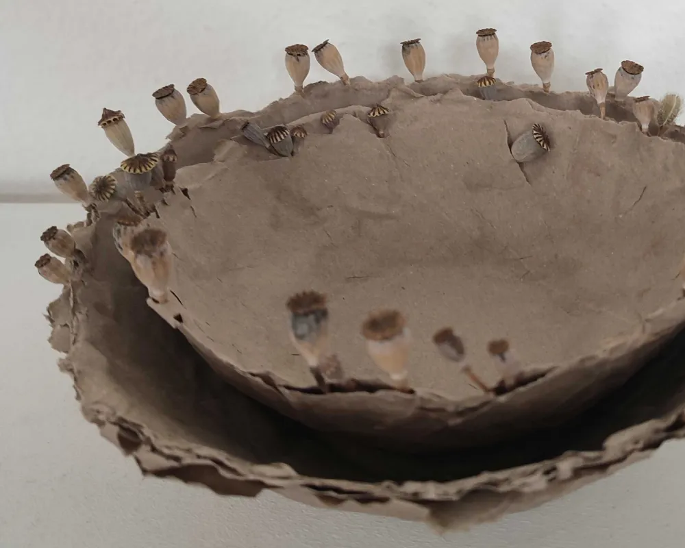 Schale aus Packpapier und Mohnkapseln