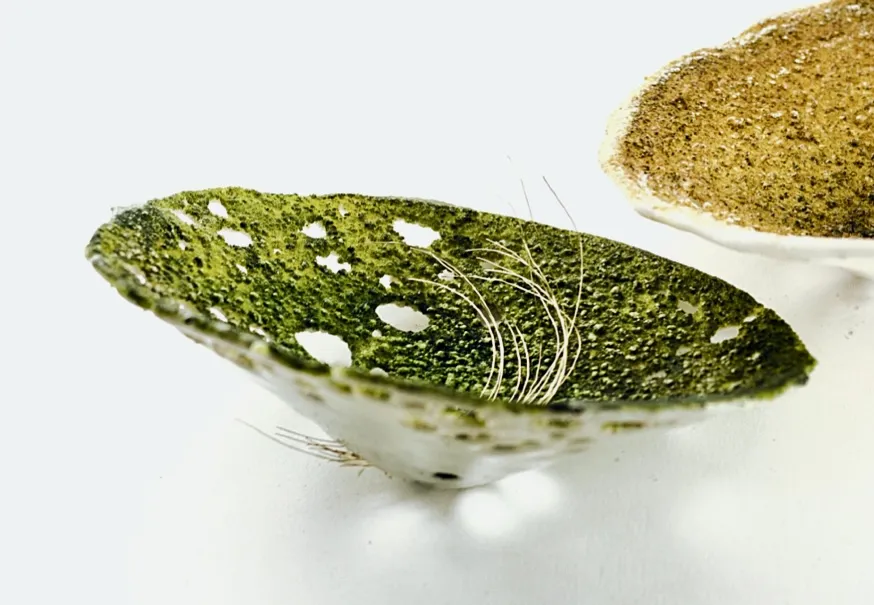 Zwei Glasschalen. Eine Schale ist halb sichtbar und ist gelb. Die andere Schale ist grün und Fäden aus Messingdraht sind sichtbar.