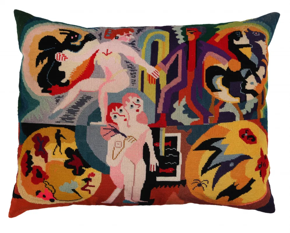 Helene Spengler, Zirkus (Tanzendes Paar mit zwei Kindern und Darstellung in vier Medaillons), 1919–20, nach einem Entwurf von Ernst Ludwig Kirchner, Kirchner Museum Davos