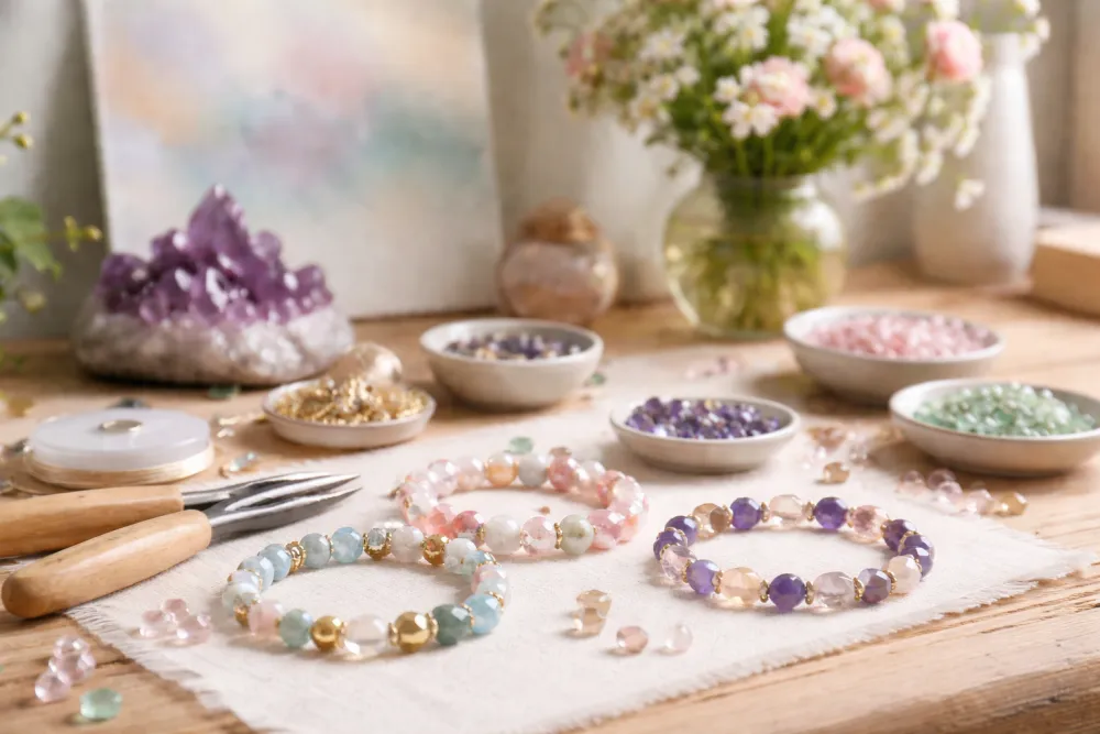 Nahaufnahme eines Armband-Arbeitsplatzes: drei selbsthergestellte Mineralienarmbänder auf hellem Leinenstoff, Perlen und Werkzeug verstreut, im Hintergrund ein Strauß Blumen und eine Leinwand in Pastellfarben.