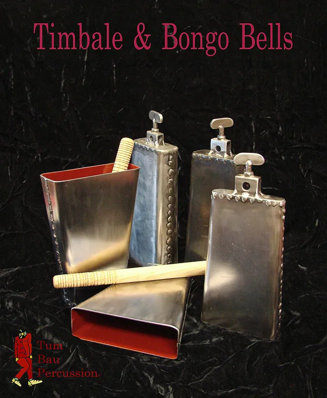Timbale & Bongo Bells handgefertigt aus 2mm Stahl, geschweißt mit gedrechseltem Schläger aus Eschenholz