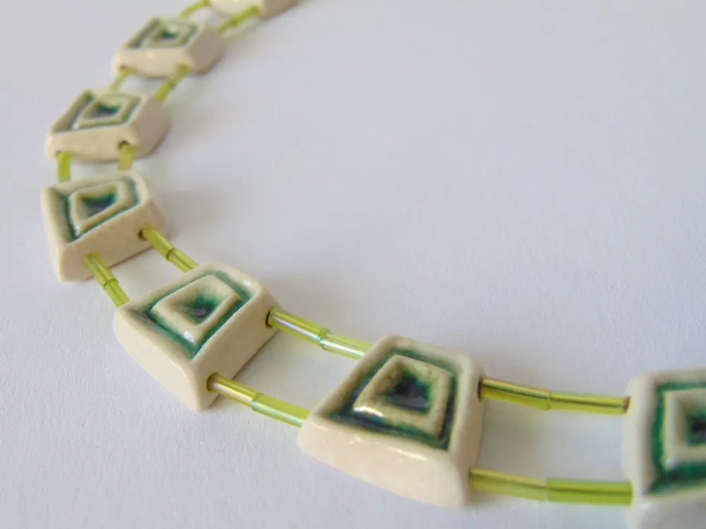 Collier Trapeze Grün, Porzellan, Glas, Stahl, Sterlingsilber