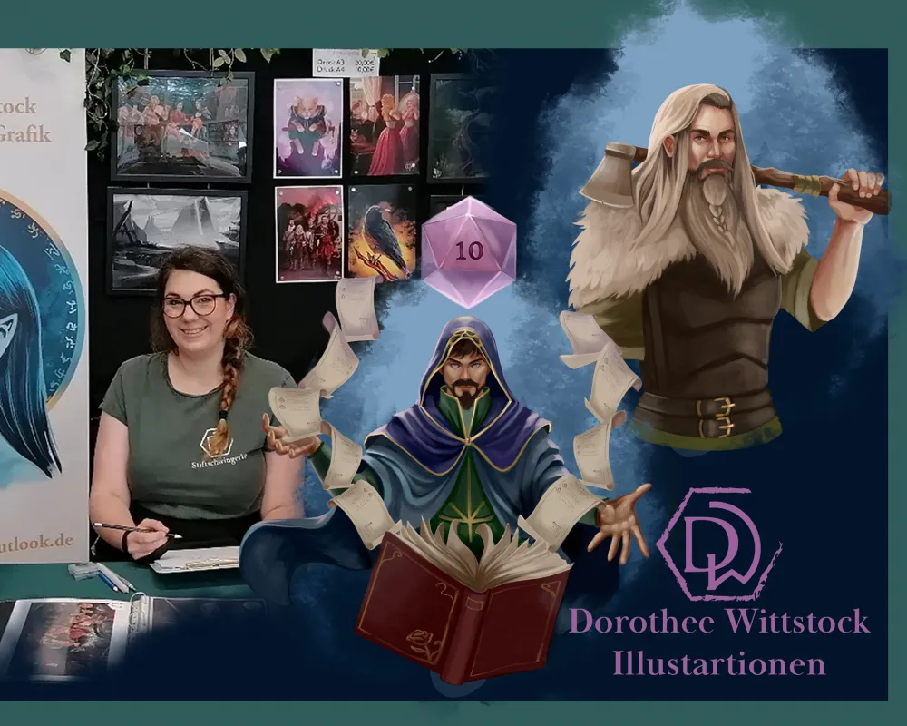Bild meines Messestandes in einer Artist Alley als Illustratorin mit Fantasy Charakteren