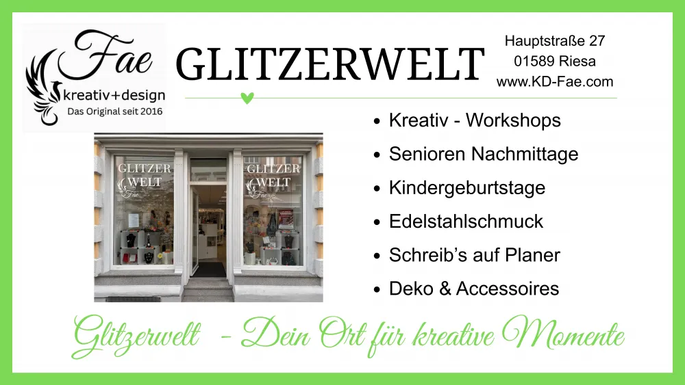 Ladeneingang und Kurzbeschreibung der Glitzerwelt