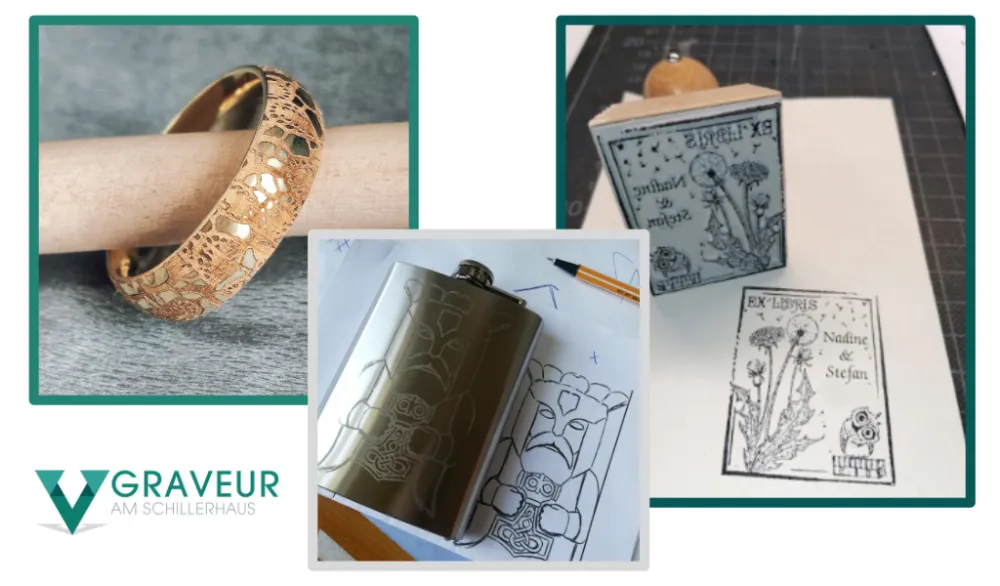Goldring mit Spitzenmuster, Flachmann mit gelaserter Zeichnung und Ex libris Stempel inklusive Abdruck