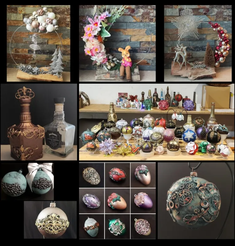 Inna Jonack-Norinska Man sieht handgemachte Weihnachtskugeln, Ostereier, dekorative Bögen, sowie einen Tisch mit verschiedenen handgemachten Ausstellungsstücken