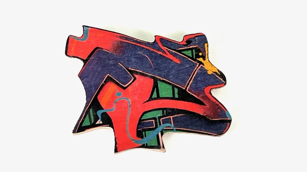 Brosche "Grafitti", Holz, Photo Decoupage, Silber