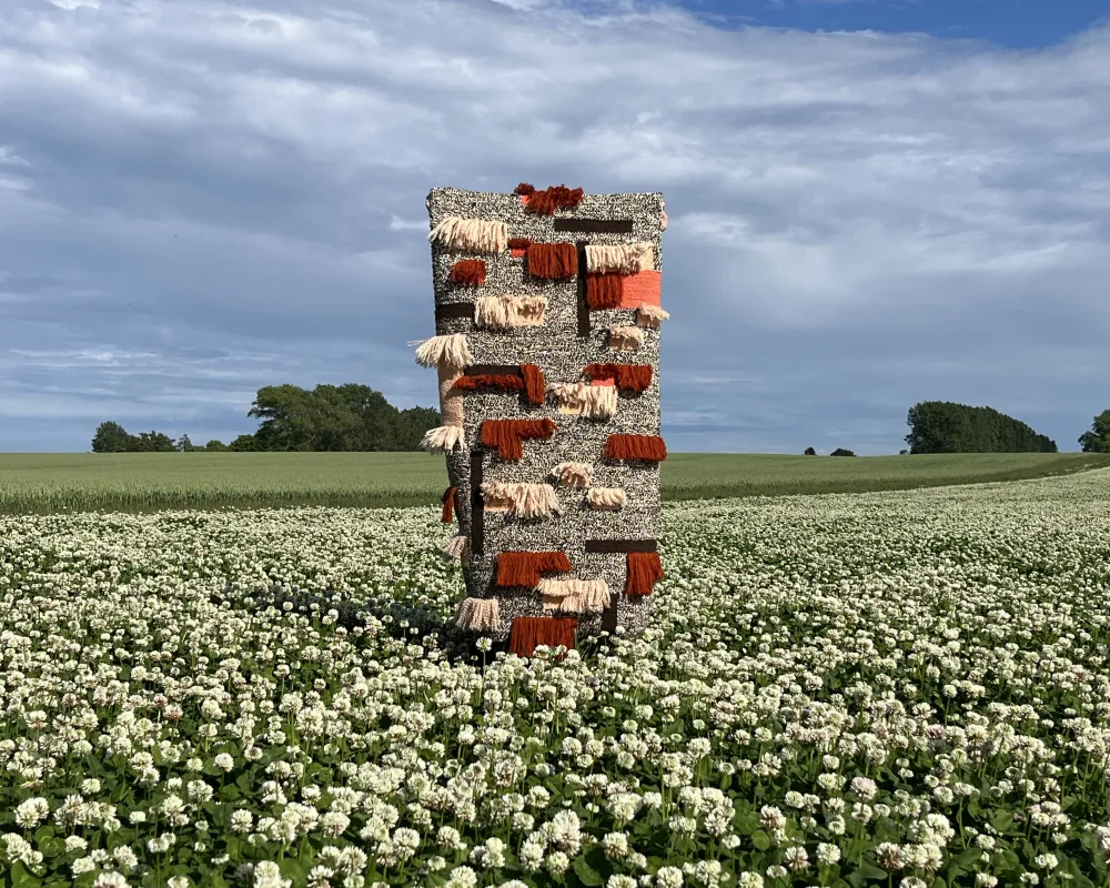 Ein Teppich gefertigt aus europäischer Schafwolle, gefärbt mit Pflanzenfarben in einem Feld.