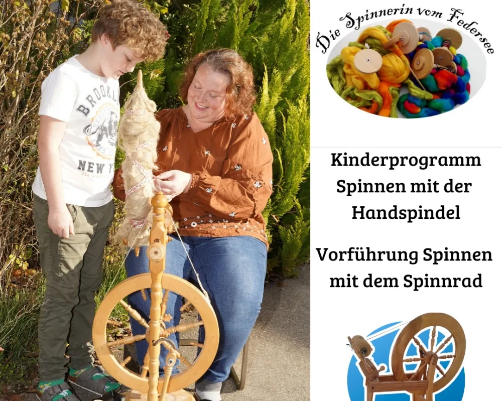 Die Spinnerin vom Federsee mit Spinnrad und interessiertem Kind