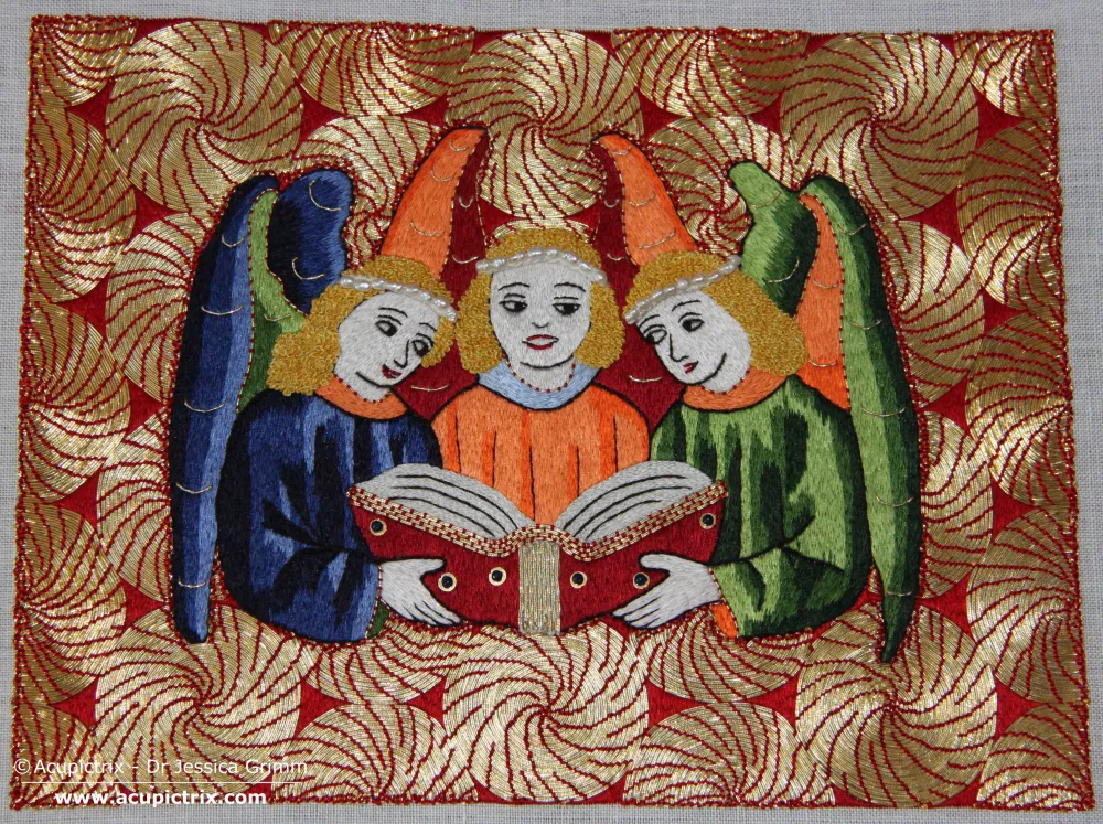Acupictrix - Dr Jessica Grimm Angel choir stitched in gold and silk
