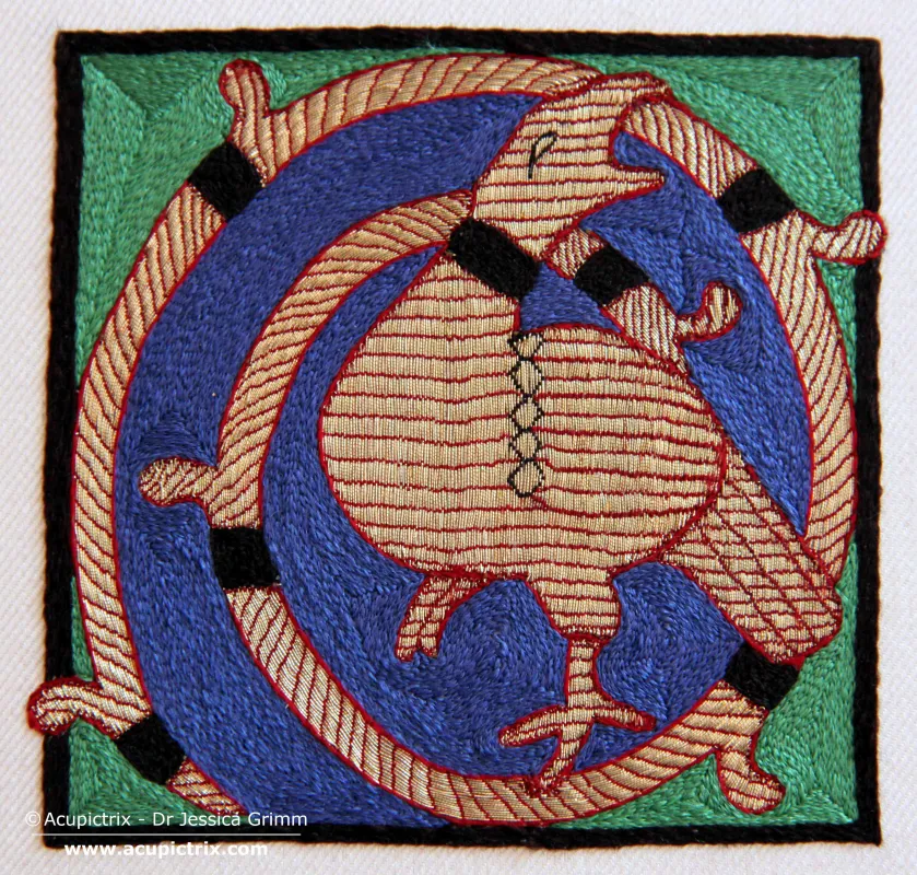 Acupictrix - Dr Jessica Grimm Medieval bird stitched in gold and silk