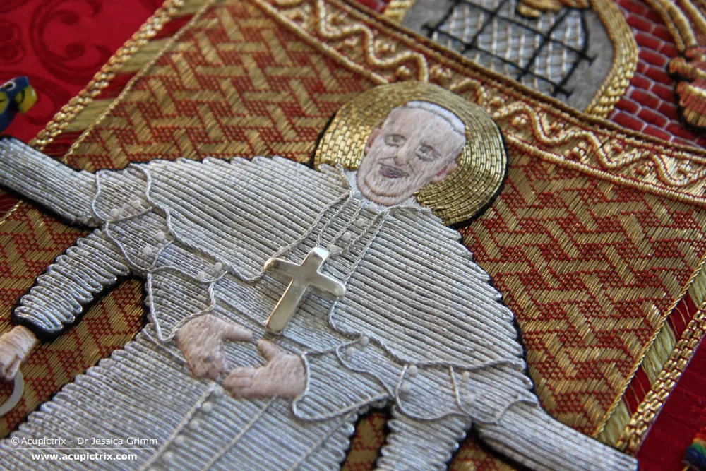 Acupictrix - Dr Jessica Grimm Pope Francis stitched in gold and silk