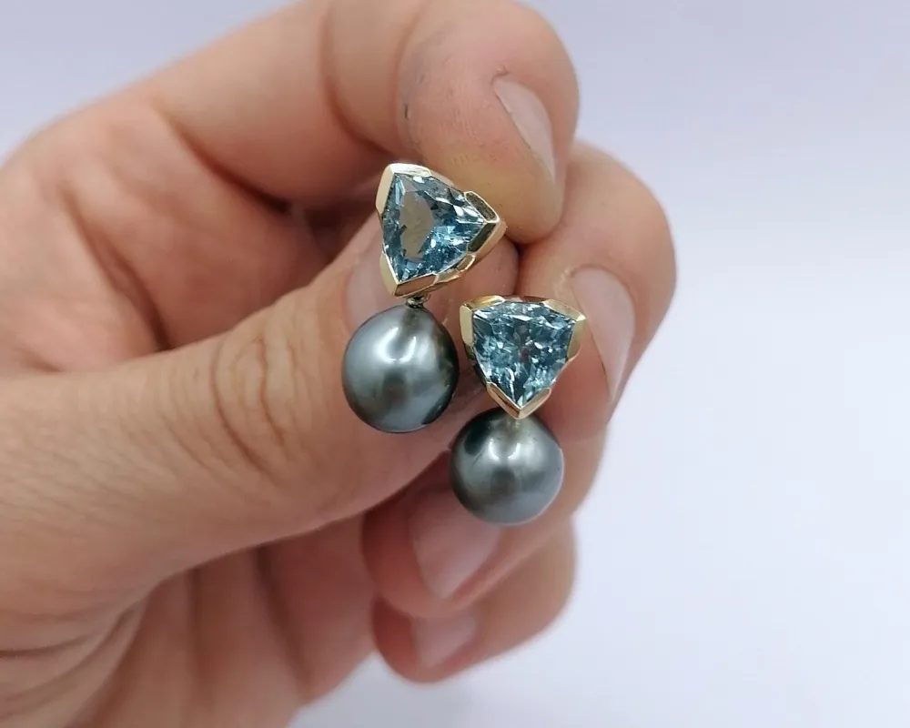 Ohrstecker Gold mit Aquamarin und Tahitiperle