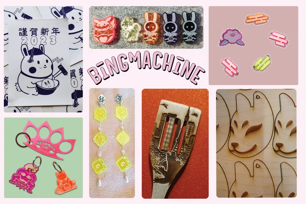 various products of the Bingmachine, like pins, keychains, earrings and kitchen tools