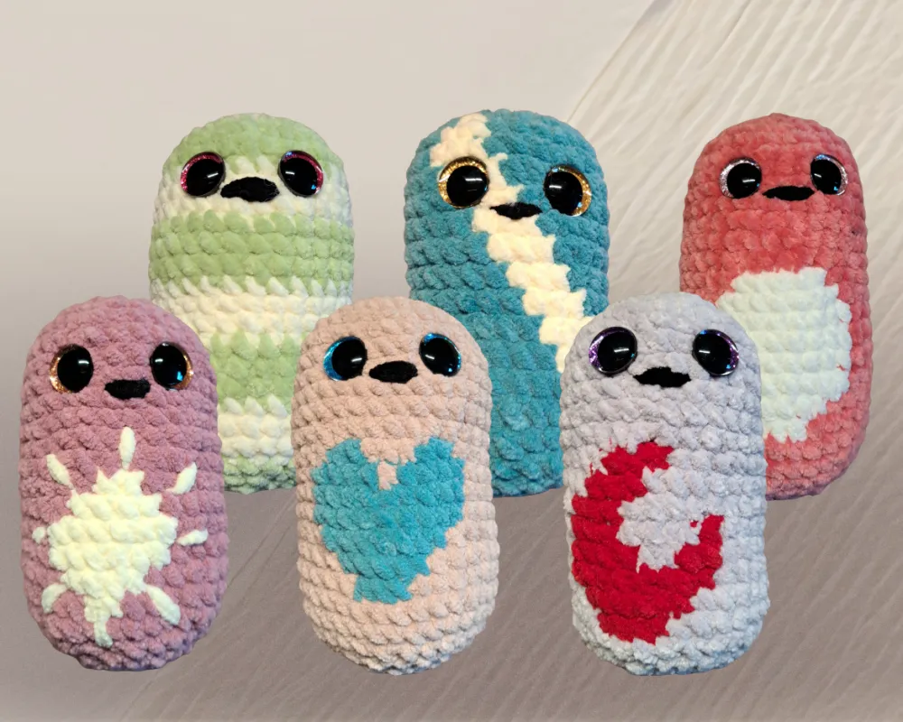 6 Comfort Beans, kleine gehäkelte bohnenförmige Kuscheltiere, in verschiedenen Farben und Mustern