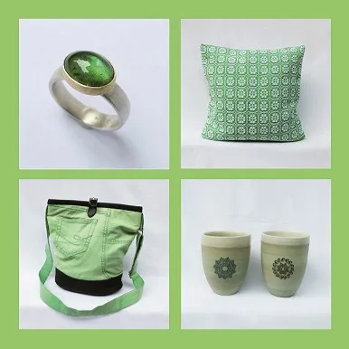 Schmuck (Ring), Geschneidertes (Tasche), Gewebtes (Kissen), Keramik (Tassen)