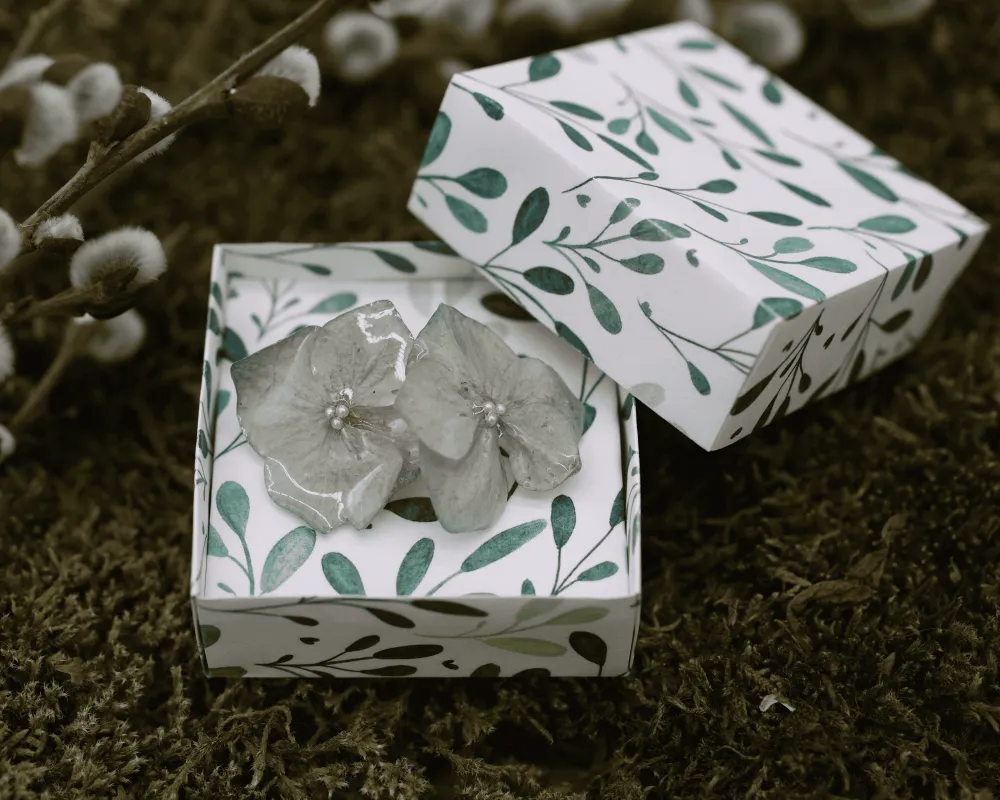 blaue Hortensien-Ohrstecker in Schmuckschachtel