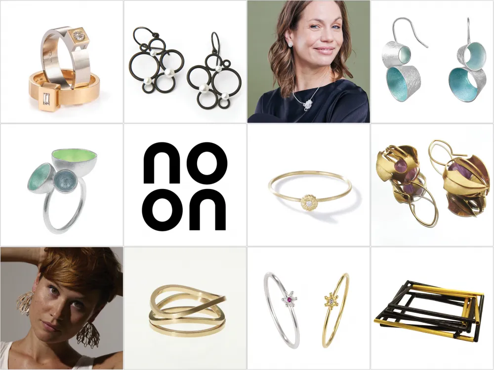 Portrait der Galerie-Gemeinschaft noonberlin.  Ringe, Ohrringe, Halsschuck, Armschmuck Material Silber, Gold, Kunststoff, epdm Kautschuk, Perlen, farbigen Edelsteinen, Emaille