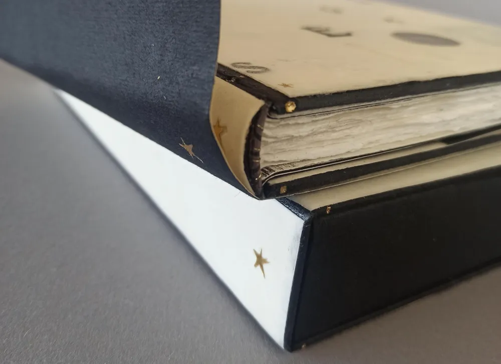 Ein in Pergament gebundenes Buch mit schwarzen und goldenen Akzenten