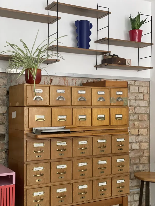 Apothekterschrank mit Pflanzen und Dekoration