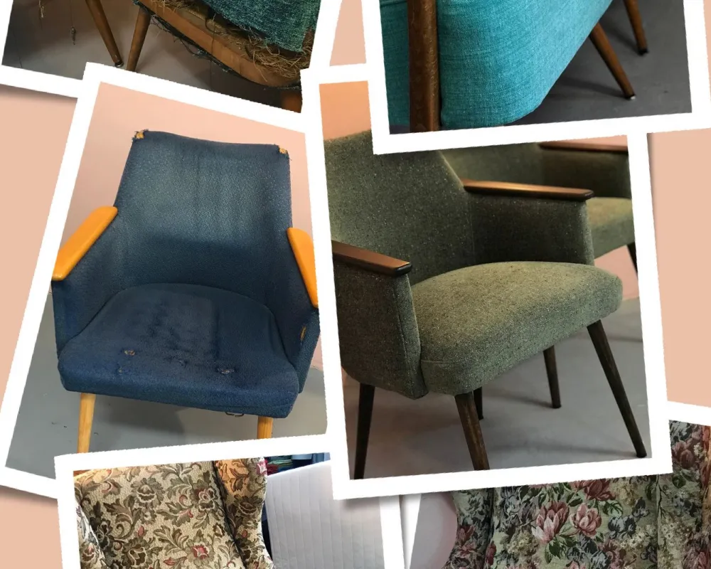Polsterei Marie Heidel Collage von vorher-nachher-Bildern von Kundenaufträgen