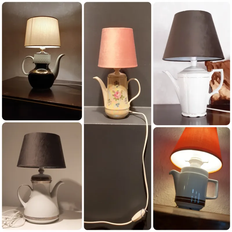 Janina Theiß Collage aus upgecyclten Kaffeekannen zu Tischleuchten