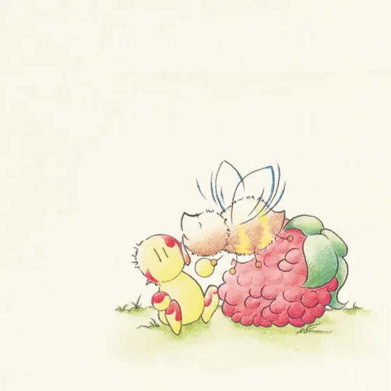 Lipami und SummBrumm, von NF das SummBrummBienchen schleckt Lipami ab, während es eine Himbeere isst