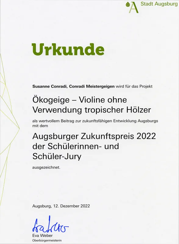 Urkunde: Augsburger Zukunftspreis 2022 für meine ÖKO Geigen